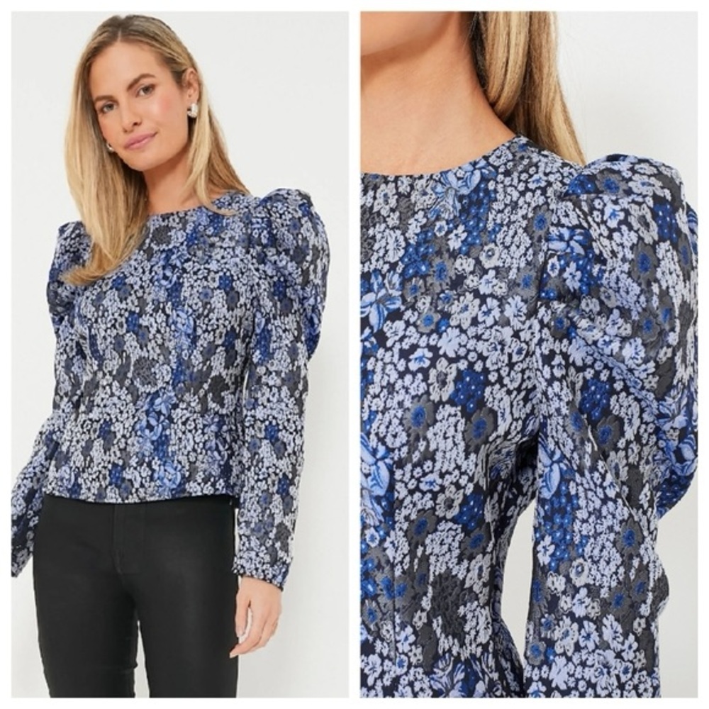 Hyacinth House Blue Jacquard Priscilla Puff Sleeve Top Shirt